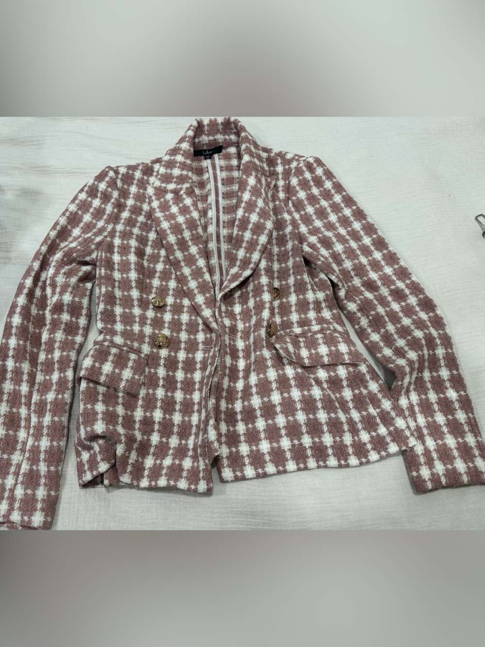 Lulus XS Mauve Ivory Plaid Tweed Double Breasted Blazer Gold Buttons
